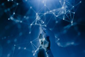 Ai for marketing image with hand touching digital artifacts floating in the air